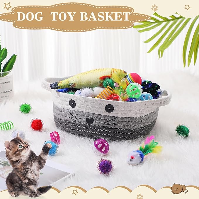 Zopeal 58 Pcs Summer Graduation Cat Storage Basket Gift Toys Set, Colorful Flashing Balls Pet Bell Crinkle Balls Spring Toys Attract Cat to Swat, Hunt, Interactive for Pet(Multicolor,9.8 Inch)