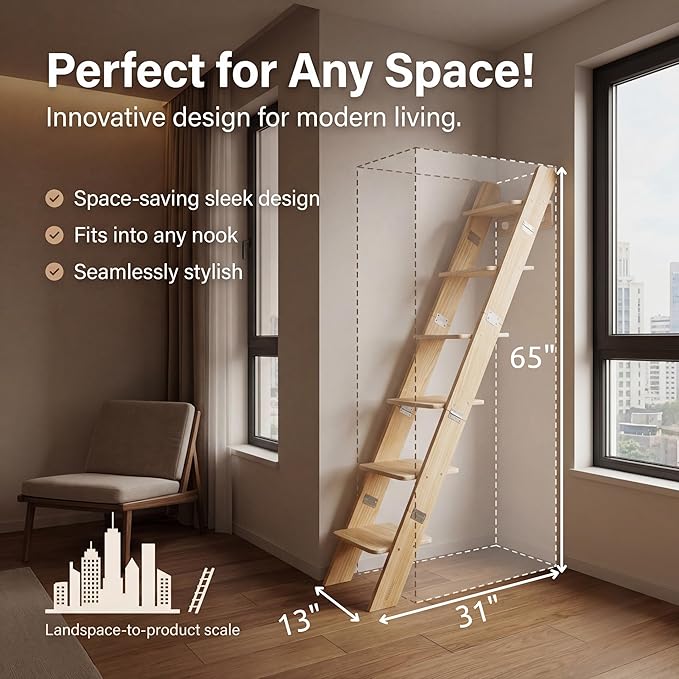 65" Tall 6-Level Cat Ladder for Window & wall | Fits Cats up to 20 lbs |Senior & Less Agile cat Stairs for Window with 55° Gentle Incline | Requires 31" Floor Clearance | No-Drill Glass Installation