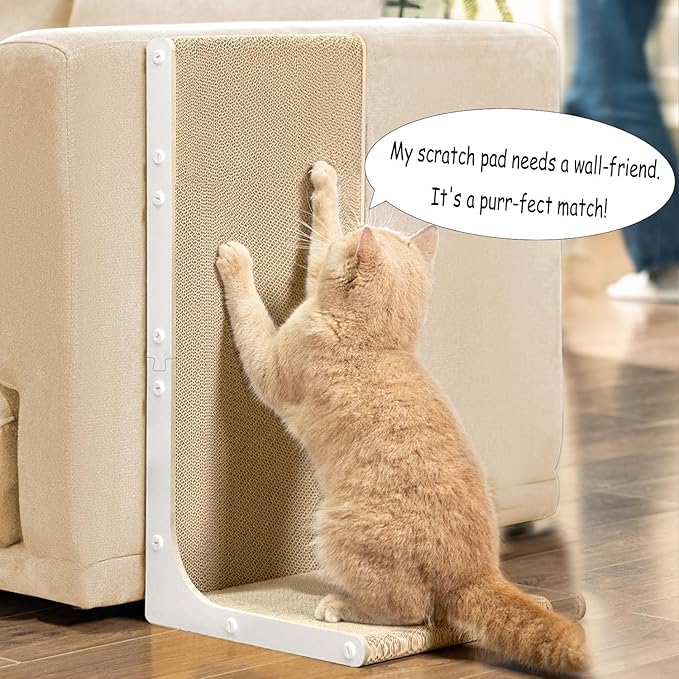 Conlun Cardboard Cat Scratcher, 23" L-Shaped Scratch Pad, Vertical Wall-Leaning Scratching Board to Protect Furniture for Indoor Cats, White