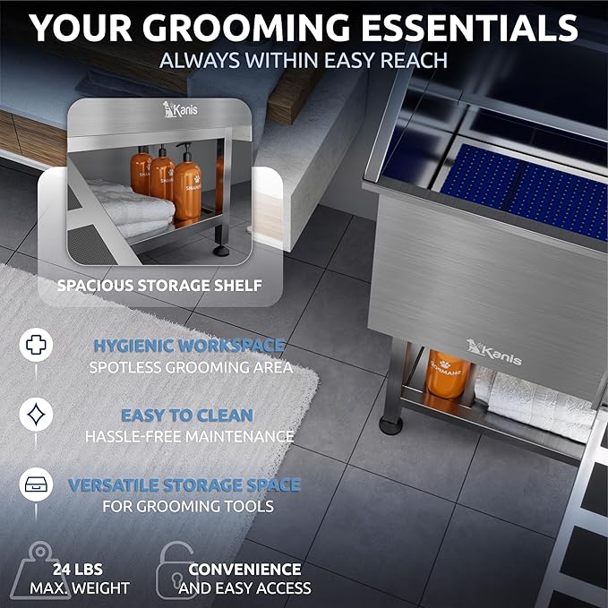 KANIS Professional Dog Washing Station 304 Stainless Steel Pet Wash Sink & Grooming Bathtub w/Shower, Floor Grates and Storage for Large, Medium & Small Pets (Silver, 40 Inches, Right Ramp, Shelf)
