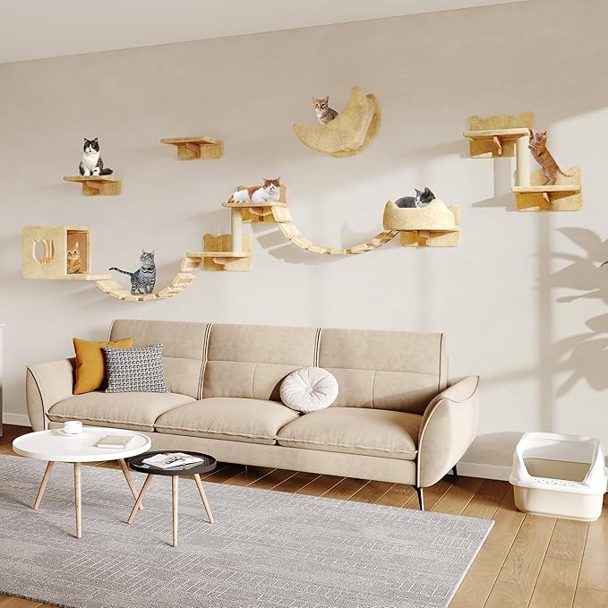 Cat Wall Shelves, Wall Mounted Cat Shelf Furniture with Plush Fabric(13 Piece Set), Cats Furniture with Moon Hammock, Condos, House, Steps, Bridge Ladder, Scratching Post, Beige
