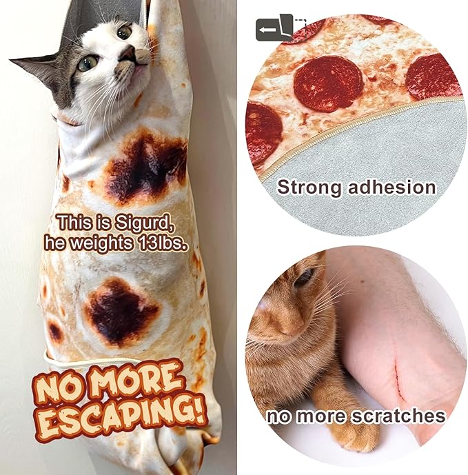 Cat Wrap for Cutting Nails, Tortilla Blanket Pet Supplies Cat Washing Bag, Burrito Blanket Cat Restraint for Nail Clipping, Multifunctional Pet Tool Gifts for Cat Lovers (M (within 9lbs), Pizza)