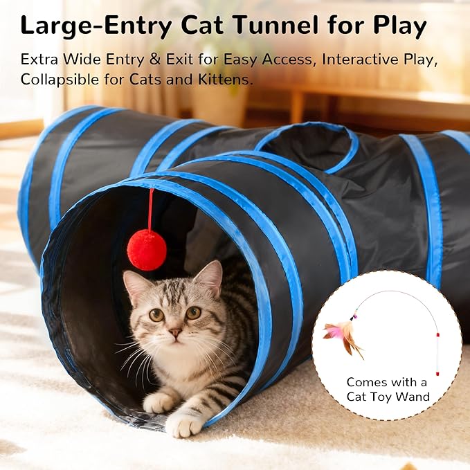 Tempcore Cat Tunnel for Indoor Cats, 3-Way Collapsible Play Tunnel with Teaser Wand, Peek Holes & Toy Ball, Small Pet Toy for Kittens & Rabbits, Black & Royal Blue