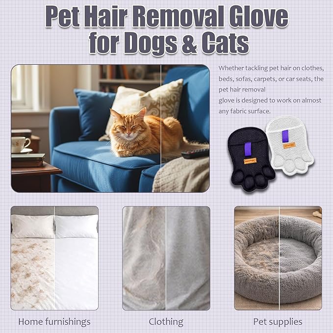 2PCS Paw Shape Pet Hair Removal Glove for Dogs & Cats, Reusable Electrostatic Lint Remover Brush for Couch, Carpet, Clothing, Bed, Car Seat, Upgraded Design（Black）
