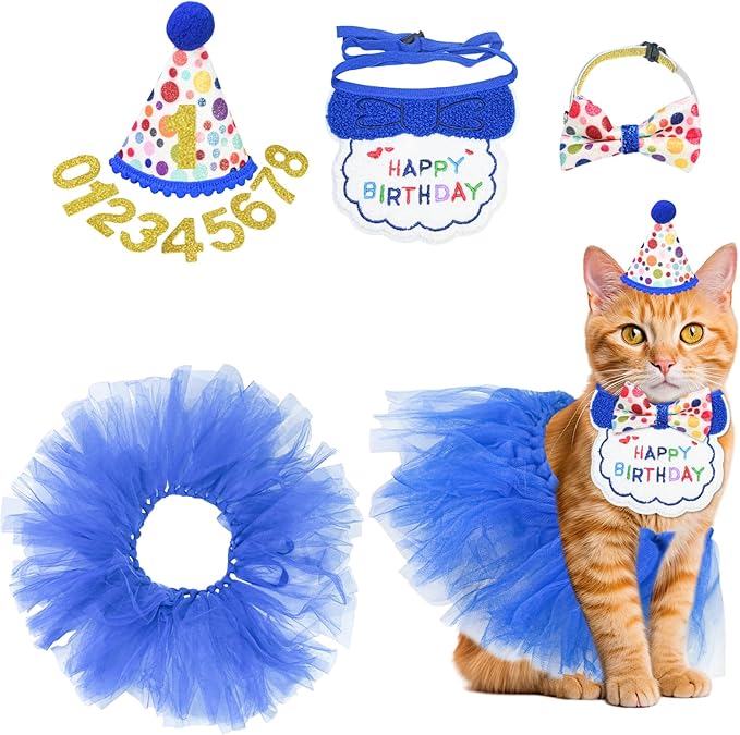 5Pcs Cat Birthday Decorations, Adjustable Cat Birthday Hat Bandana Tutu Skirt Collar Bow & 9 Number Stickers 0-8, Kitten Costume Outfit Decorations for Anniversary of Birth, Small Dog Friendly (Blue)