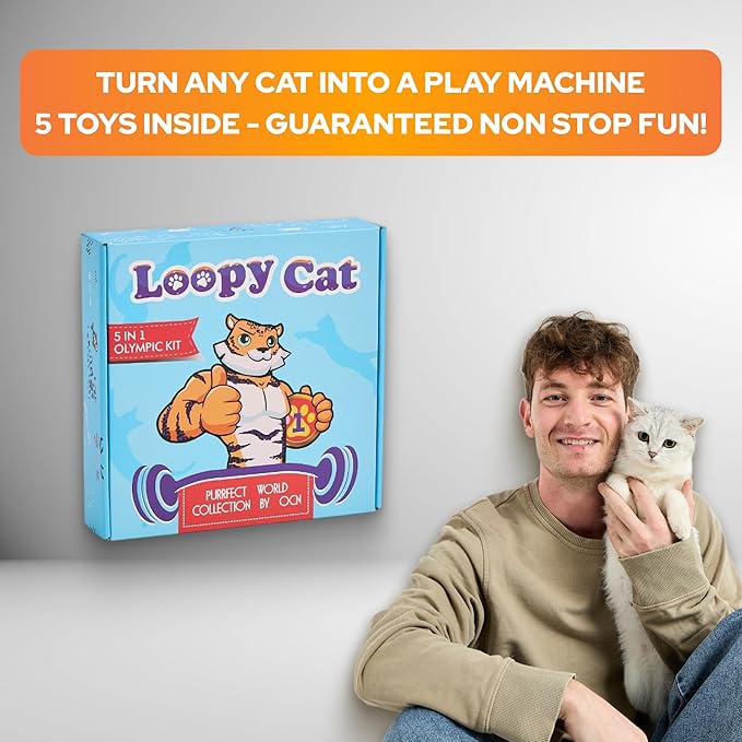 Toy Box – 5 Interactive Indoor Cat Toys with Spiral Tunnel, 3-Way Mesh Tunnel, Feather Wand, Ribbon Teaser & Suction Cup for Active Cats