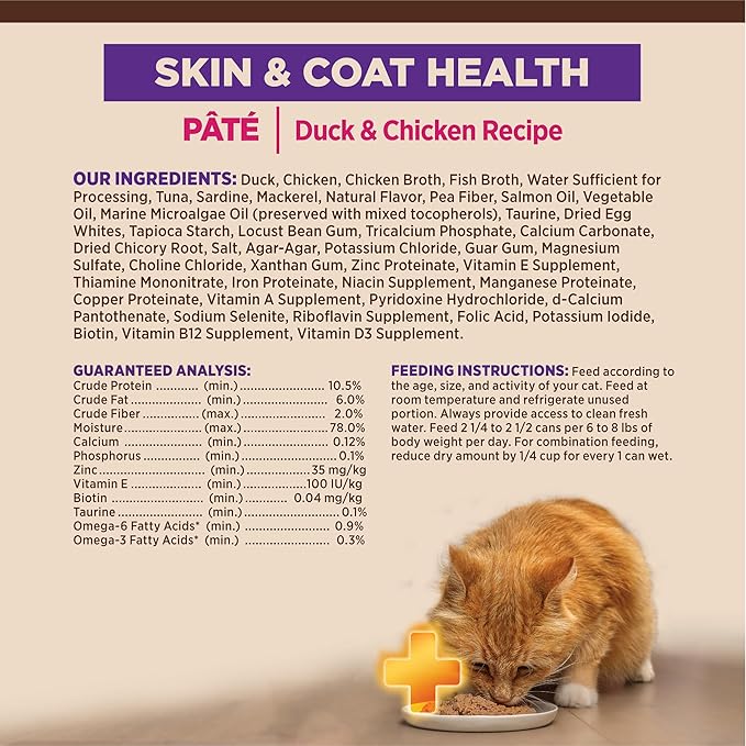 Wellness CORE+ Skin and Coat Health Pate Adult Canned Wet Cat Food, Natural, Protein Rich, Grain Free, Duck and Chicken Recipe, 2.8 oz, Pack of 12 Cans
