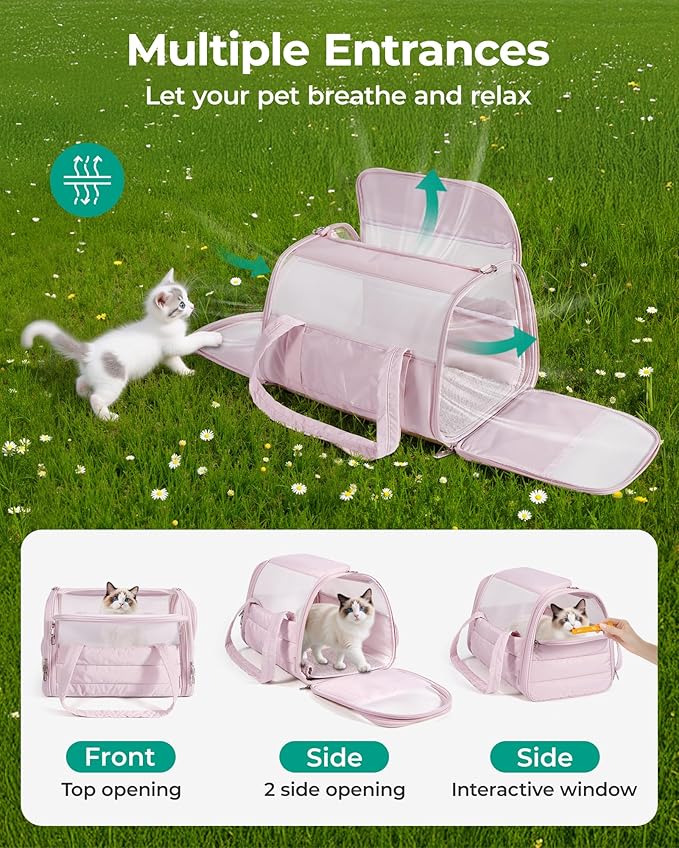 BAGSMART Cat Carrier: Soft-Sided Pet Carrier for Small Medium Cats Dogs Puppy Quilted Collapsible Puffy Travel Bag Up to 25 Lbs Pink