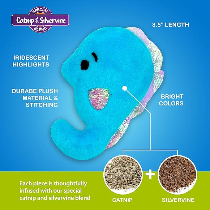 Pounce & Purr® Plush Cat Toys, Catnip & Silvervine Infused, Shiny Iridescent Accents, Interactive Play Toys for Cats & Kittens (Seahorse)