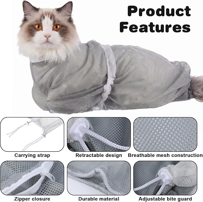 Cat Bag for Bath, Multifunctional Breathable Mesh Cat Bathing Bag, Adjustable Scratching Proof Restraint Accessories for Washing, Nail Trimming, Grooming, Vet Visits (Gray)