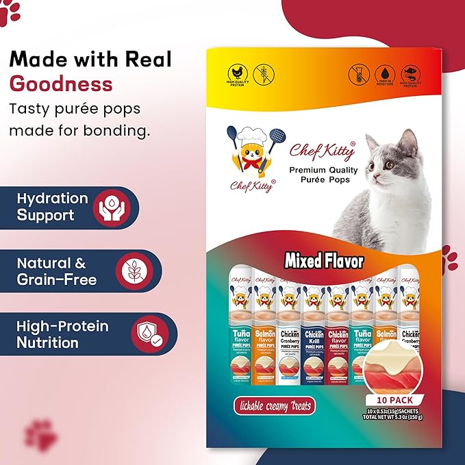 Purée Pops + Blue Feeding Spoon, Grain-Free, Lickable, Squeezable Creamy Cat Treat/Topper, 0.5 Ounces Each Tube, 10 Tubes, Chicken and Seafood Mix Variety