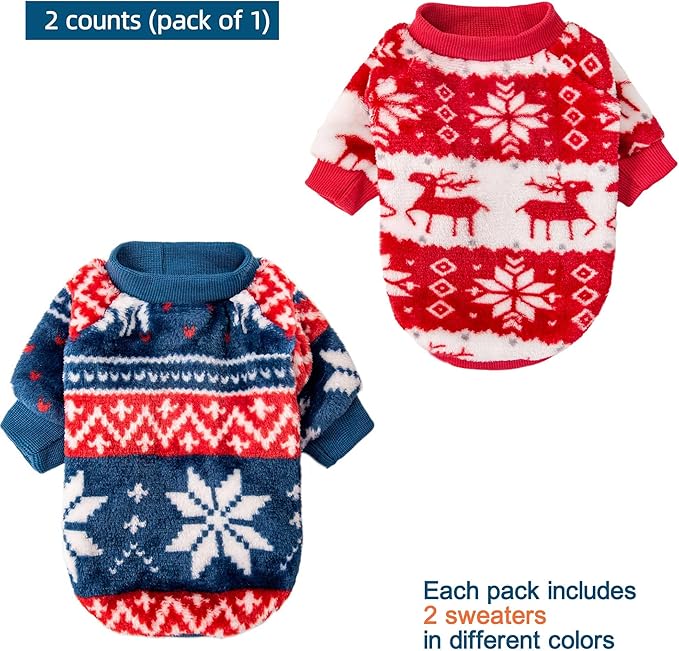 Dog Sweater | 2-Pack Clothes Jackets XXS - XXL for Small Dog Breed (Male & Girl), Super Soft Winter Coats Sweaters for Dogs and Cats, Pet Apparel Outfits (Red,Blue, XX-Small)