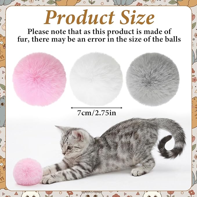 Abeillo 9 Pieces Furry Cat Toys Fuzzy Cat Balls Toys Pom Pom Kitty Ball Cute Rolling Cats Toy Artificial Plush Ball (Pink, Grey, White)
