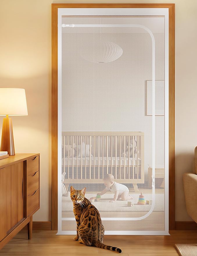 BFNN Cat Screen Door, Extra Tall Cat-Proof Mesh Gate, Fit Door Size 38'' x 82'', Anti Scratch Mesh with Zipper Closure, for Living Room, Kitchen, Bedroom (White)