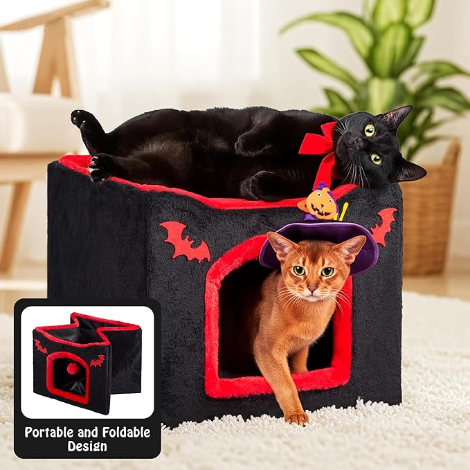 Gothic Cat House Bed for Indoor Cats Coffin Cat Condo with Scratch Pad and Fluffy Ball Toy, Foldable Hideaway Cube, Pet Bed for Kittens and Large Cats, 16.5x16.5x13in, Red Black Halloween