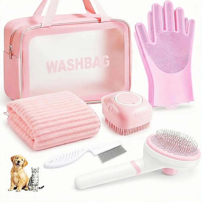 6PCS Dog Bath Kit & Dog Brush Kit for Dogs & Cats - Professional Pet Grooming Tools Set with Shedding Brush, Bath Scrubber, Dematting Comb & Storage Bag - Complete Dog Washing Essentials, Pink