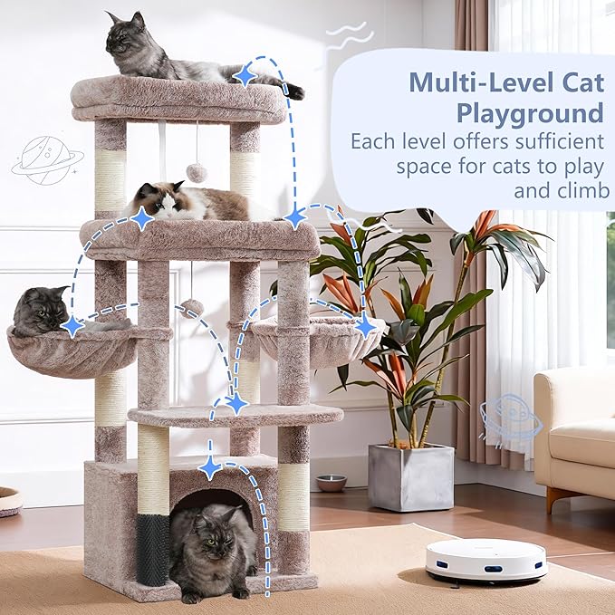 Hey-brother Cat Tree Tower, Scratching Posts with Extra Large Platform, Specious Condo, 2 Cozy Hammocks, Self-Grooming Brush for Indoor Adult Cats, Maine Coon 51.1 inches, Muchroom MPJ070MU