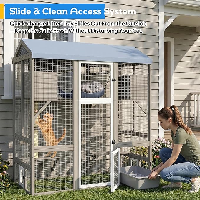 Catio Outdoor Cat Enclosure with Window Access, Large Walk in Cat House Outdoor Kitty Cage with 7 Jumping Platforms, Scratching Posts, Hammock, Slide & Clean Litter Box Access