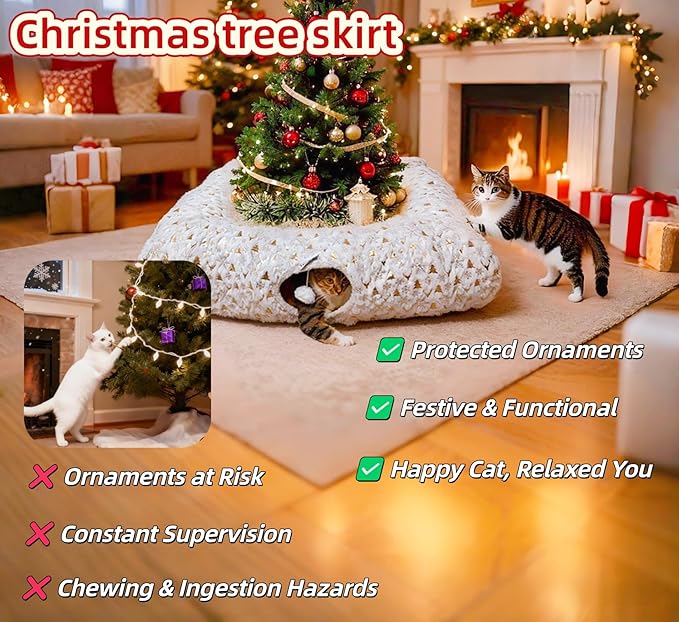 Extra Large Cat Tunnel Bed for Indoor Cats with Warm Mat, Cat Toys Cave Dount Tube for Xmas Decor White