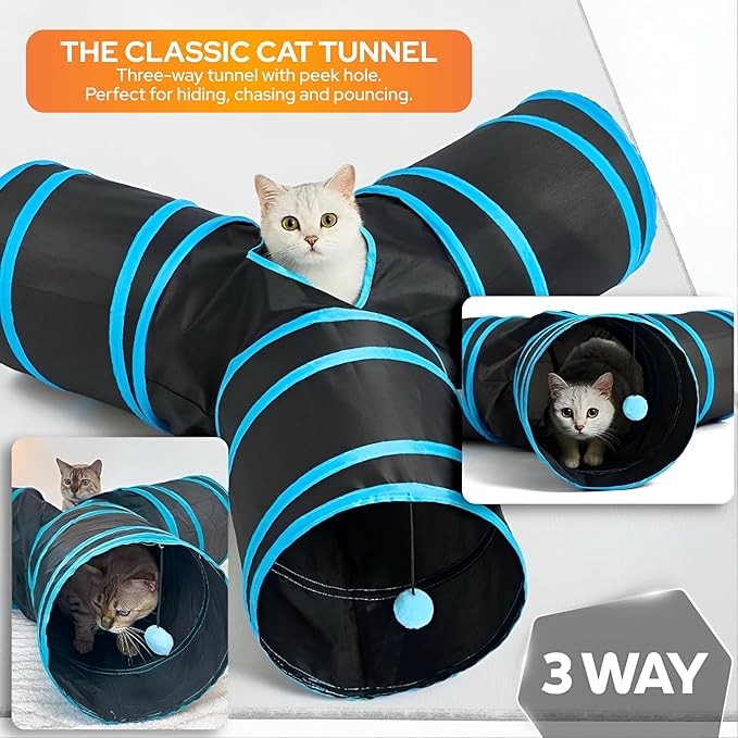 Toy Box – 5 Interactive Indoor Cat Toys with Spiral Tunnel, 3-Way Mesh Tunnel, Feather Wand, Ribbon Teaser & Suction Cup for Active Cats