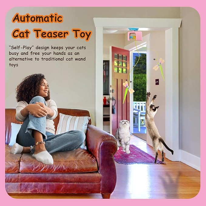 Automatic Electric Hanging Cat Toy for Indoor Cats, Motion Sensor Doorway Cat Teaser with Retractable Rope, 3 Replacement Feathers, USB Rechargeable, Pink
