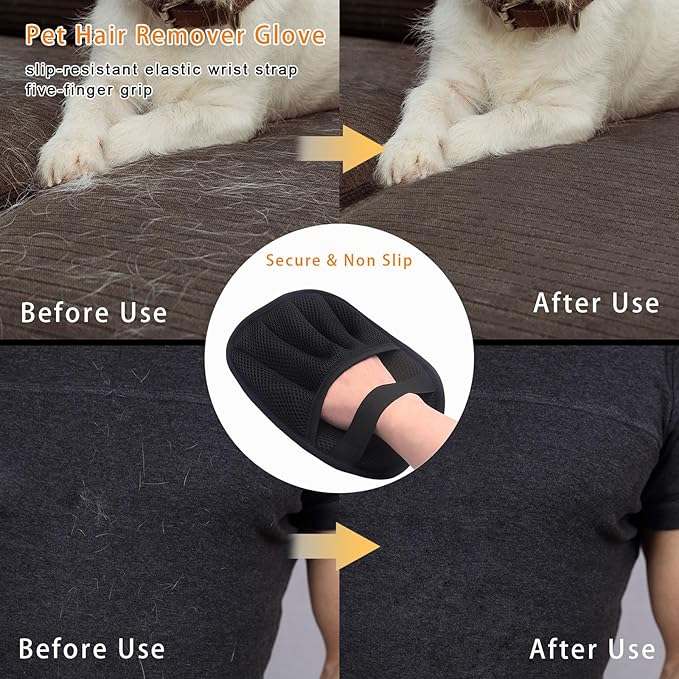 2-Piece Pet Hair Removal & Grooming Kit: Static Hair Remover Glove for Furniture, Carpet, Couch + Gentle Pet Grooming Glove for Cats & Dogs