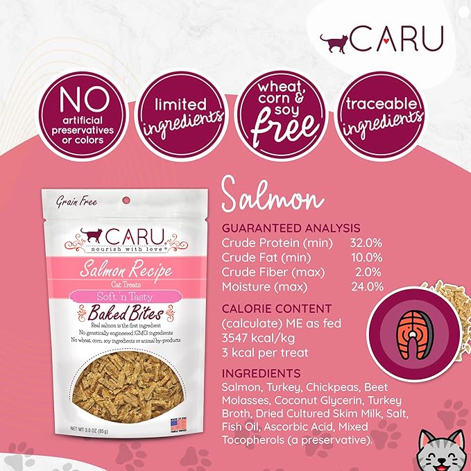 Caru - Soft ‘n Tasty Baked Bites - Salmon Bites Cat Treats - Flavorful All-Natural Treats - 3 oz. (Pack of 2)