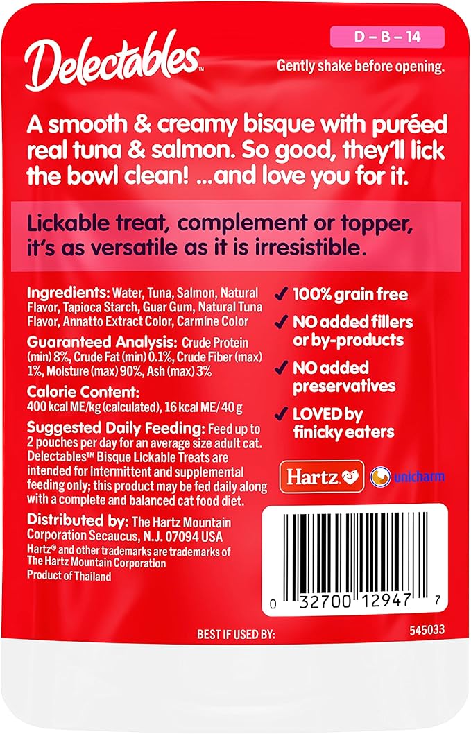 Delectables Lickable Treat Bisque Wet Cat Treat with Real Tuna & Salmon,Food Topper,Hydrating,Grain-Free,No Fillers,No by-Products,No-Added Preservatives,1.4oz Pouch,(Pack of 24)