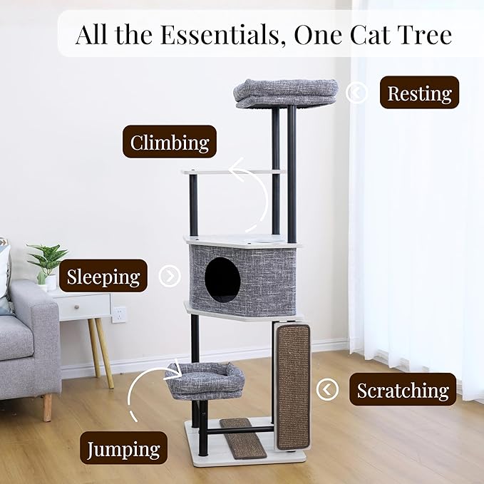 Petpals Heavy Duty Cat Tree with Durable Steel Frame and Laminated Board,Large Condo,Removable Top Bed,2 Replaceable Scratching Mats for Long-Lasting. (Light Gray)