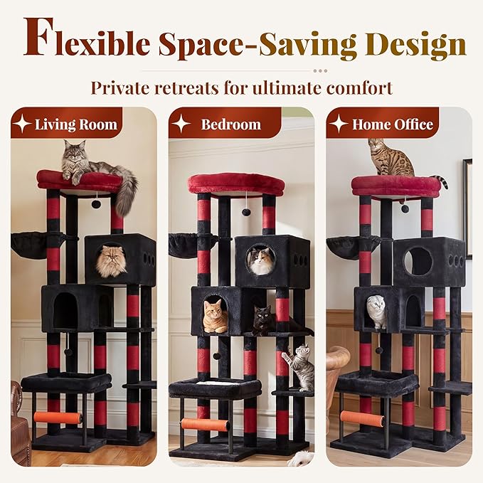 Hey-brother Cat Tree, 68.5 inch Cat Tower with L-Shaped Extended Base, Multi-Level Furniture with 2 Spacious Candos, 2 Platforms, 11 Scratching Posts, Hammock and Toy Ball,Black and Red MPJ086BR