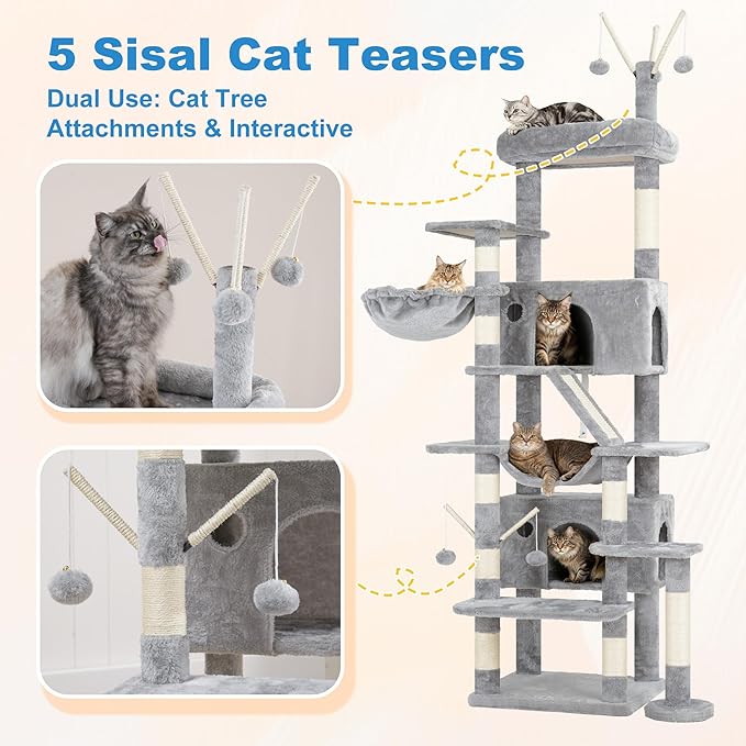 Hey-brother Cat Tree Tower, Sturdy Multi-Level Scratching Posts with Extra Supporting Part, 5 Teaser Toys, 2 Condos, Large Bed, Hammock, Scratch Baord for Indoor Cats, 82.7 Inches, Light Gray MPJ082W