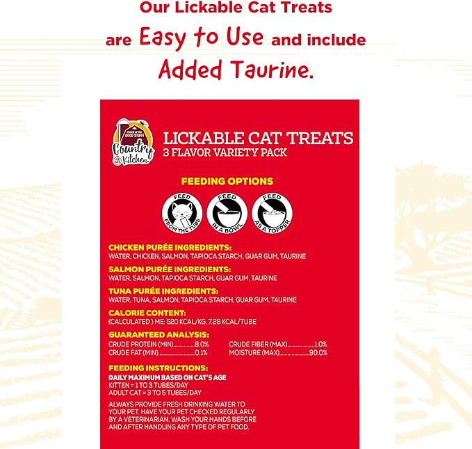 Country Kitchen Puree Lickable Cat Treats, 3 Flavor Variety Pack, Tuna, Salmon and Chicken, Made with Real Meat, 5 oz Tubes, 20 Count