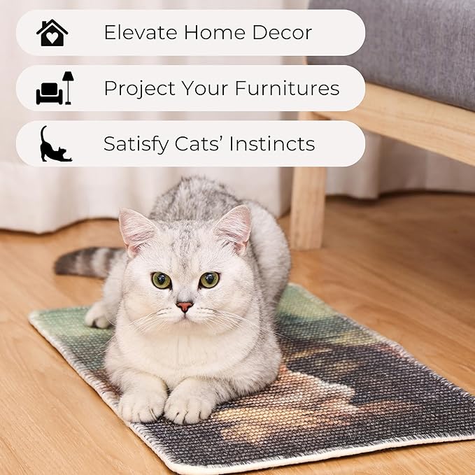 Furrther Sisal Cat Scratcher Mat (Use on Wall, Couch and Carpet), Durable and Shedding-Resistant Cat Scratching Surface - 21.7x13 inch with Adhesive Pads and Twist Pins (Monalisa and The Cat)