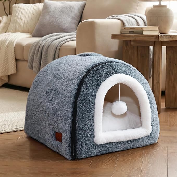 Cat Bed for Indoor Cats,2-in-1 Convertible Cat Bed & Cave,Foldable Washable Cat House,Soft and Thick Removable Inner pad, Anti-Slip Bottom,cat Tent for Kittens,Cats & Small Dogs,Dark Grey