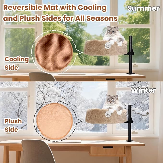 17.5" Large Cat Desk Bed,One-Button Easy Lift & Rotate,Extra Thick Cushion,Additional Cooling Mat,Reversible Two-Tone,Super Soft Plush Faux Fur Table Pet Bed,Machine Washable Bed(Twilight Duo, Large)