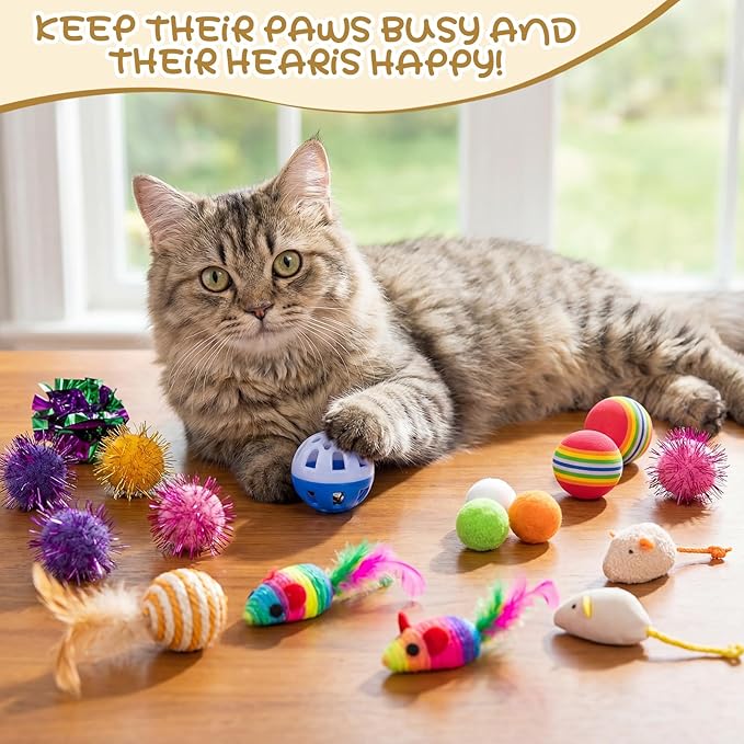 Leitee 100 Pcs Cat Toys Assortment with 1 Gift Storage Bag, Interactive Cat Play Set for Indoor Kitten, Colorful Springs, Mouse Toys, Chew Ropes, Balls, Bells & Sisal Ball