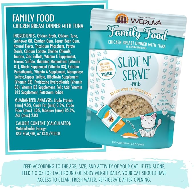 Weruva Wet Cat Food, Family Food with Chicken and Tuna Pate, 2.8oz Slide N Serve Pouch, Pack of 12