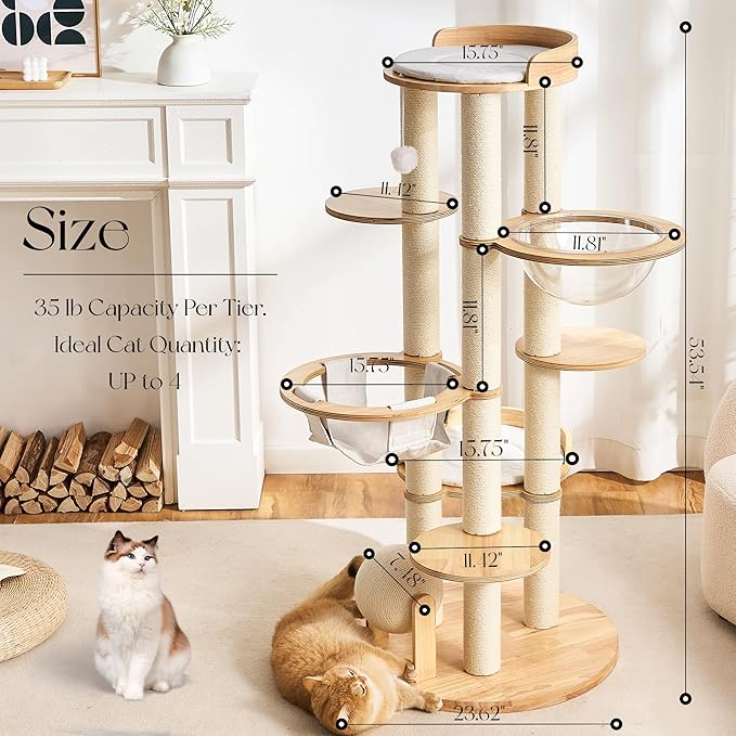 797Audio Modern Solid Wood Cat Tree Tower, 54" Tall Cat Tree with Scratching Posts, Capsule&Hammock, Luxury Natural Oak Wood Cat Tower, Aesthetic Multi-Level Cat Climbing Tree for Large Indoor Cats