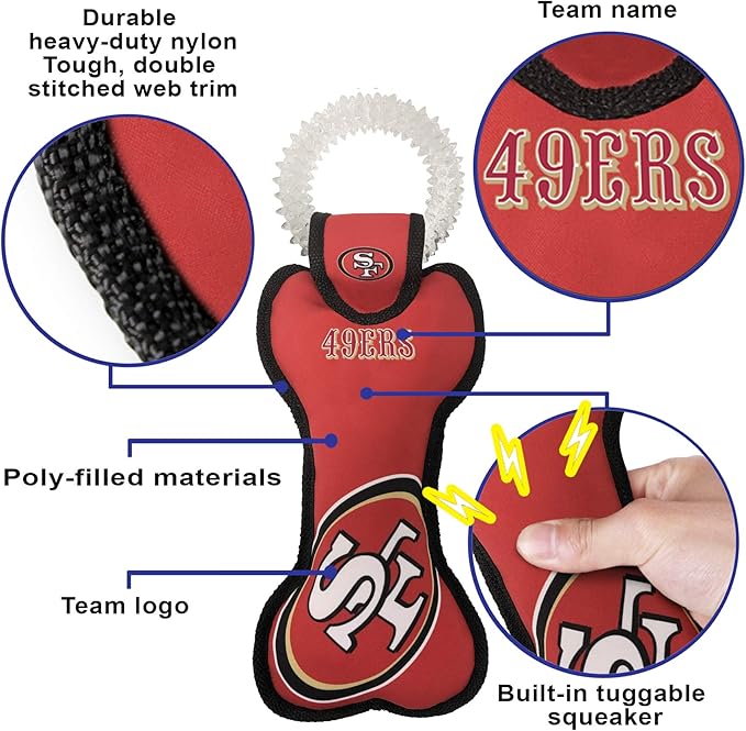 Pets First NFL SAN Francisco 49ERS Dental Dog TUG Toy with Squeaker. Tough PET Toy for Healthy Fun, Teething & Cleaning Pet's Teeth & Gum.