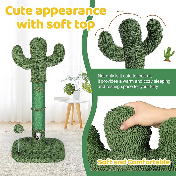 Tall Cat Scratching Post for Indoor Cats Adults, Cat Scratch Post with Sisal Rope Claw Scratcher, Solid Wood Cat Tower with Scratching Post and Cat Toys Mouse Hole,Cactus Small Cat Tree(Green Cactus)