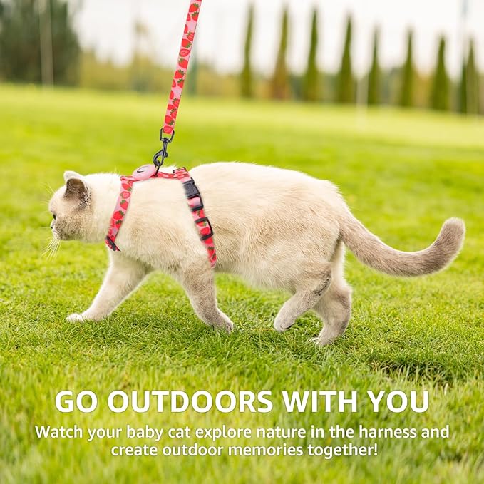 SCENEREAL Adjustable Cat Harness and Leash Set with AirTag Holder, Escape-Proof Design for Small to Large Cats, Lightweight Soft Travel Harness, Pink Strawberry