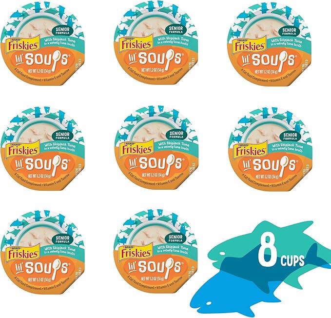 Friskies Purina Grain Free Senior Lickable Cat Food Toppers Lil’ Soups with Skipjack Tuna in a Velvety Tuna Broth - 1.2 oz. Cup,(Pack of 16)
