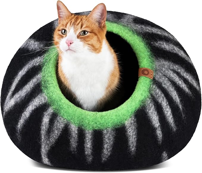 MEOWFIA Cat Cave – Premium Felt Cat Bed for Indoor Cats, Handmade Merino Wool (Shining Tiger, Medium)