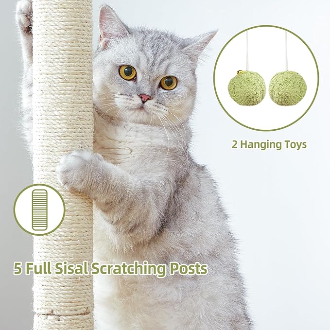 Cat Tree Tower Scratching Post for Indoor Large Cats, Small Cat Tree with Big Perch Bed, 28in Tall Trees House with Condo Cave, Toy Balls, Modern Climbing Furniture Platform for Kitten (Green)