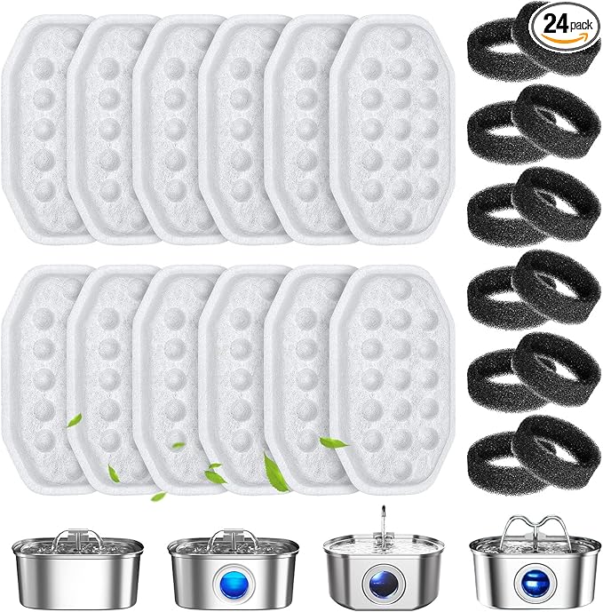 24 Pcs Cat Water Fountain Filters Replacement & Pre-Filter Sponges for 108oz/3.2 Stainless Steel Pet Water Fountain with Water Level Window