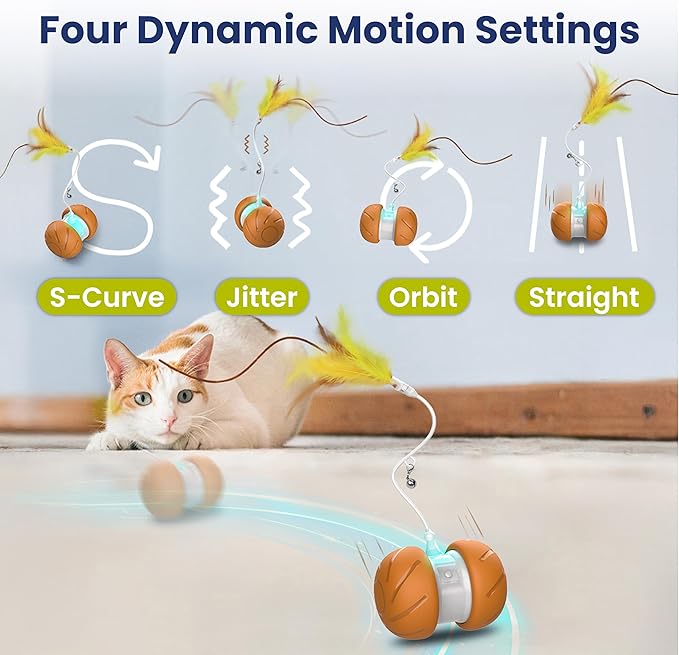 PAWSPIK Feather Tail Rechargeable Spinner Chasers Cat Toy, Orange (Interactive Self-Rolling Moving Cat Toy with 3 Speed Modes, Feather & Bell Attachments)
