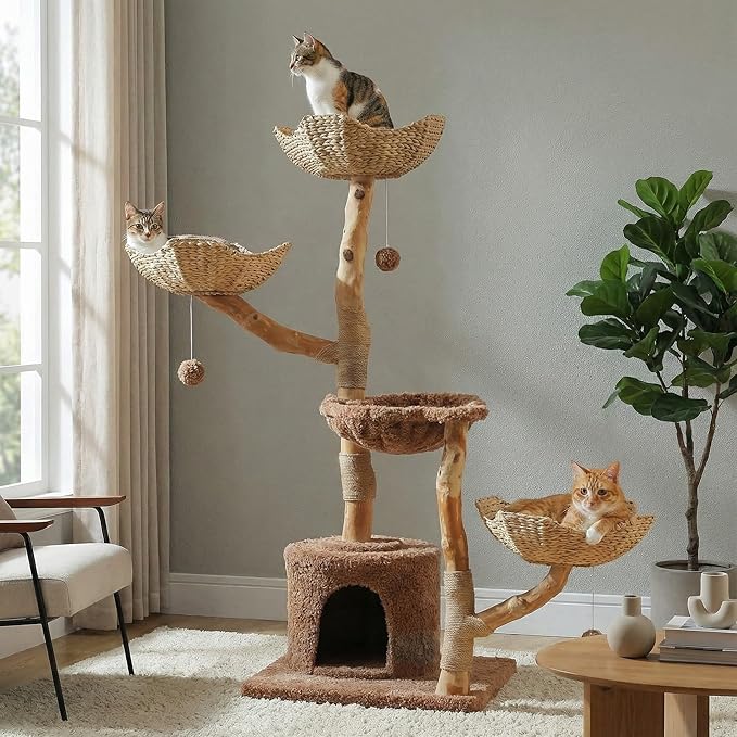 MUTTROS 59" Cat Tree Tower with Real Solid Wood Natural Branch, Modern Cat Tree for Large Cats w/3 Handwoven Wicker Baskets- Luxury Boho Cat Furniture w/Condo & Soft Hammock, Scratching Post, Brown