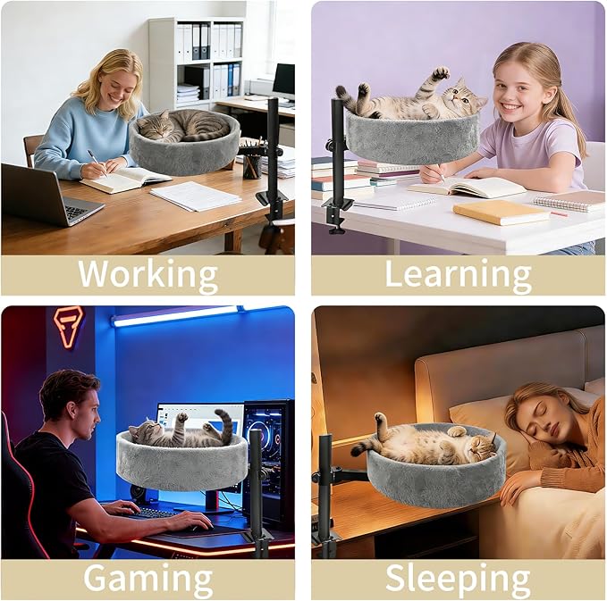 Cat Desk Bed,360° Rotating & Height Adjustable Desk Cat Bed,Space Saving Modern Indoor Cats Nest Furniture Cozy Faux Fur Pet Nest Perch Hammock for Various Desktops,15.7" L*15.7" W*16.9" H,Grey