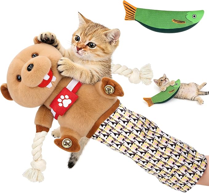Cat Wrestling Glove - Cat Puppet Wrestler Toy with Tough Padding for Safe Interactive Play, Cat & Dog Wrestling Interactive Toy with Fish Toys, Kids & Pet Safe for Training & Exercise (B)