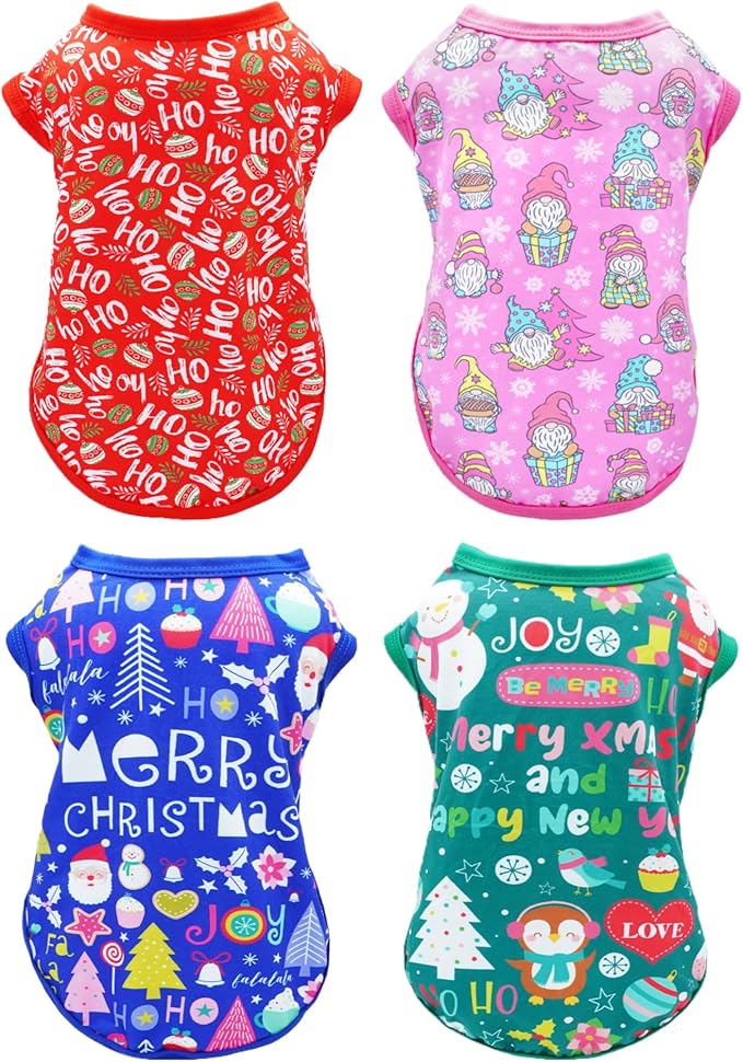 PET SHOW 4 Pack Christmas Dog Shirts for Medium Large Dogs Tank Top Tee Red Green Xmas Santa Gnome T-Shirts Pets Holiday Party Sleeveless Vest Dog Clothes Boys Girls(X-Large)